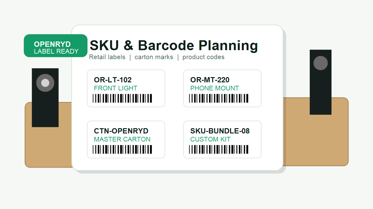 Barcode labels, SKU codes and carton marks for e-bike accessory packaging