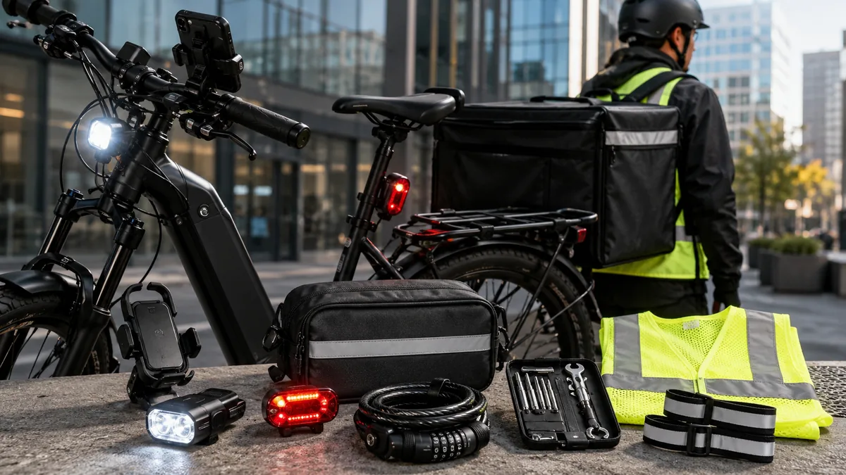 E-bike accessories for delivery riders including lights, mounts, bags and tools