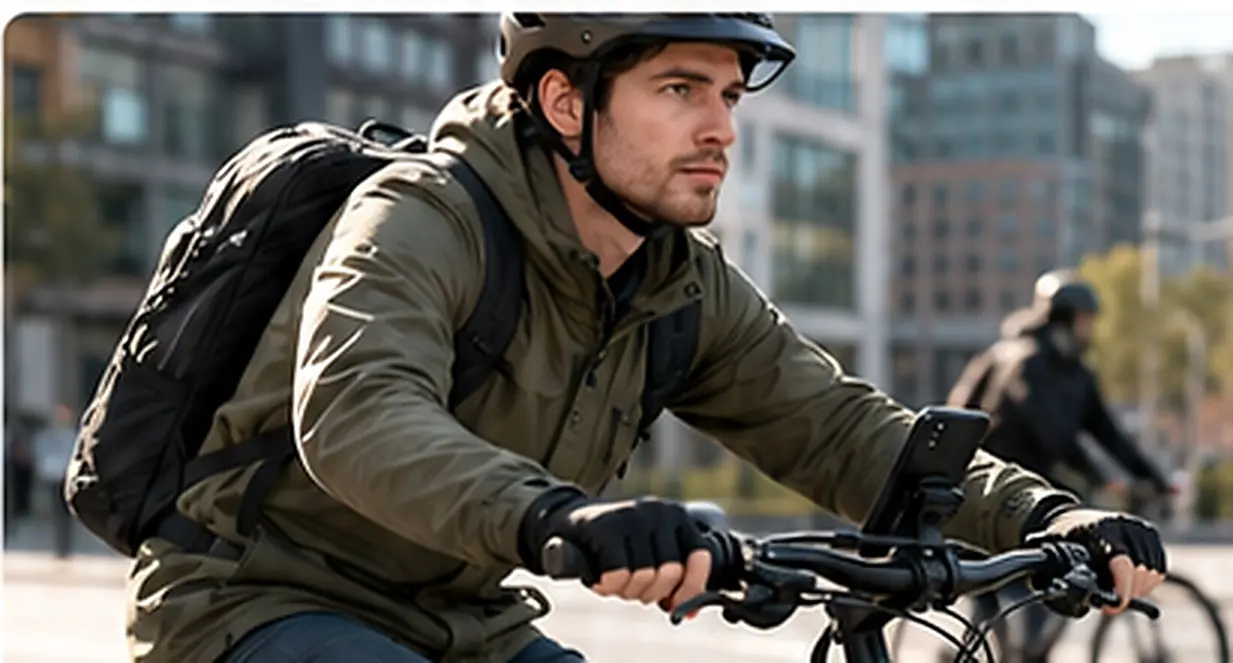 Urban e-bike commuter using accessories in a daily riding scenario