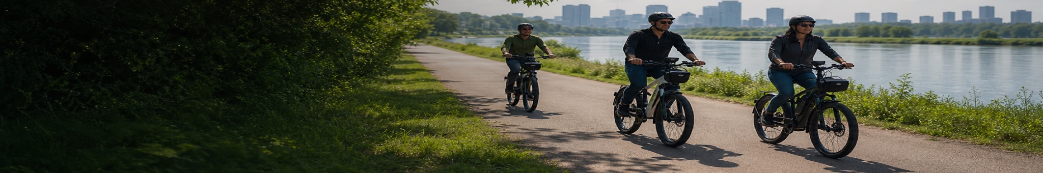 Outdoor riders using e-bike accessories on a cycling route.
