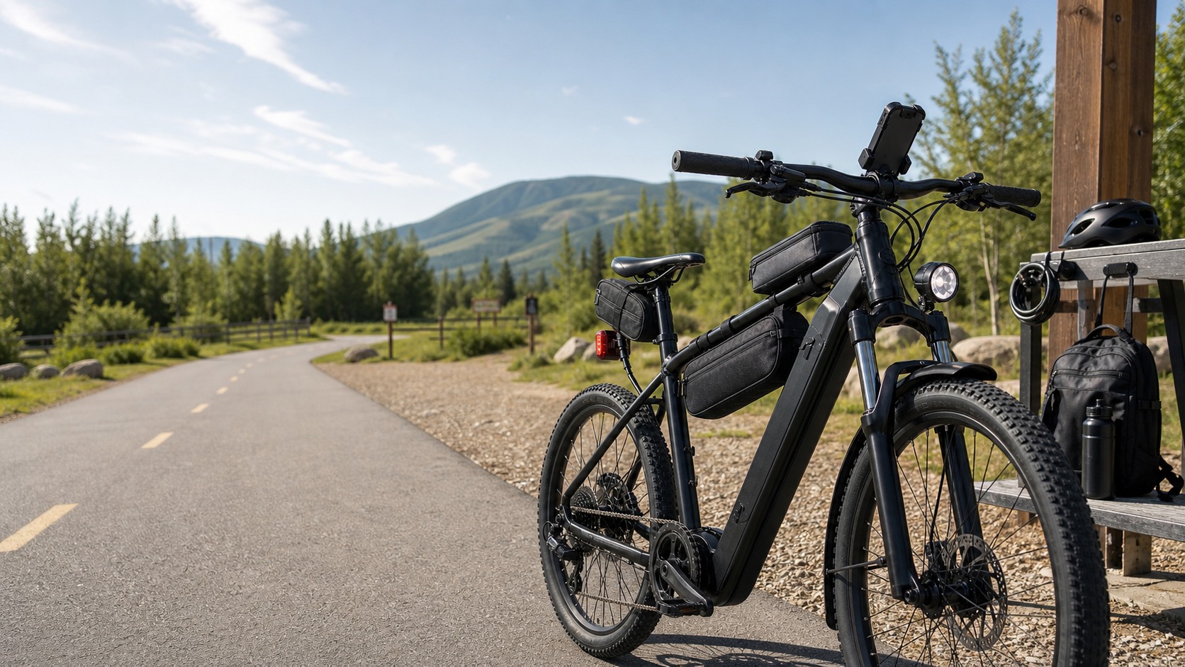 Outdoor cycling accessories including phone mount, lights, bags and lock on a gravel trail for wholesale catalog review.