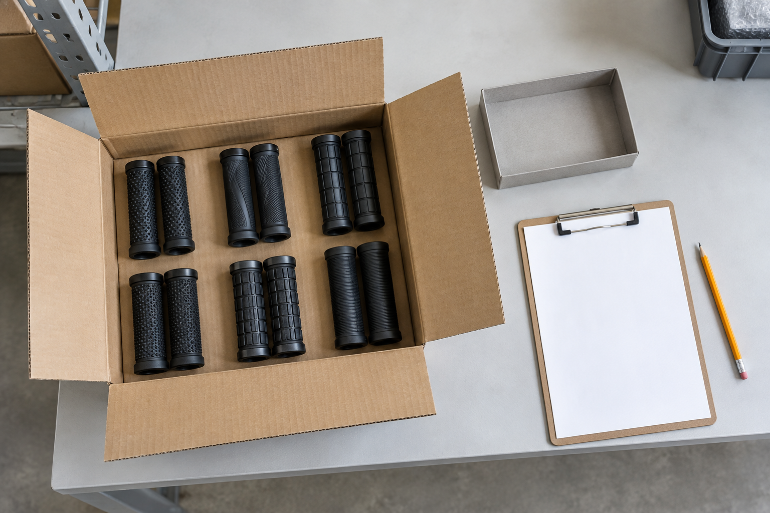 Illustrative receiving bench with unbranded bicycle grips, an open carton and a blank checklist