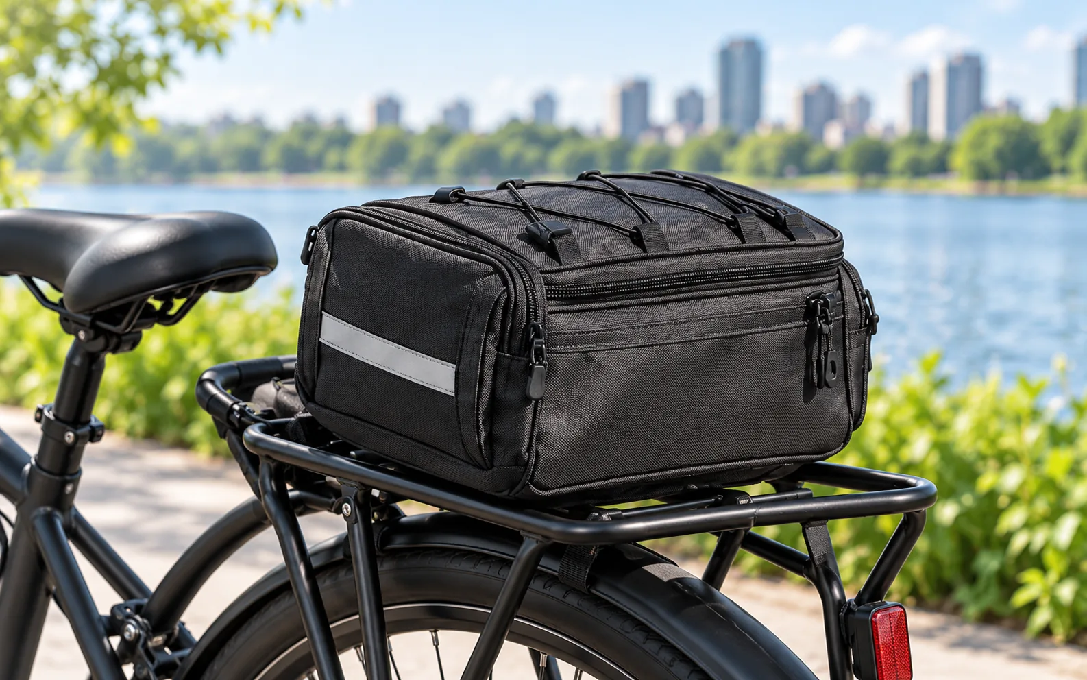 Black commuter bag mounted on a bicycle rear rack.