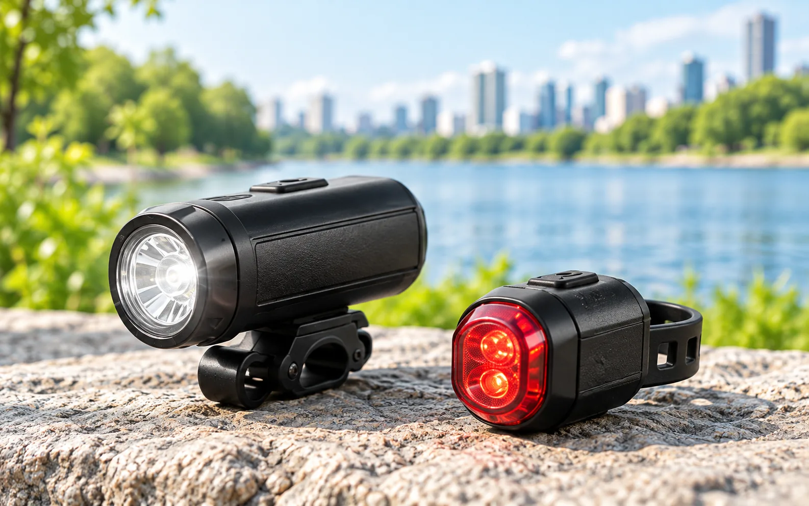 Front and rear bike lights beside an outdoor cycling route.