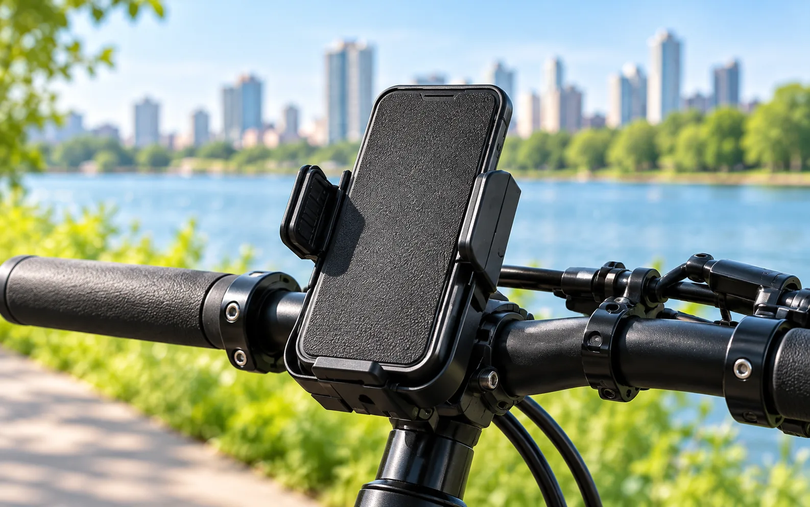 Phone holder fitted to a bicycle handlebar.