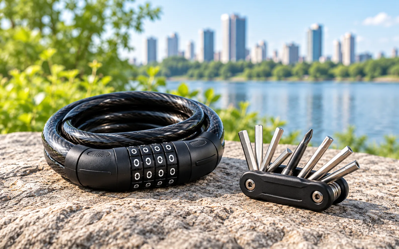 Bicycle cable lock and compact folding tool.